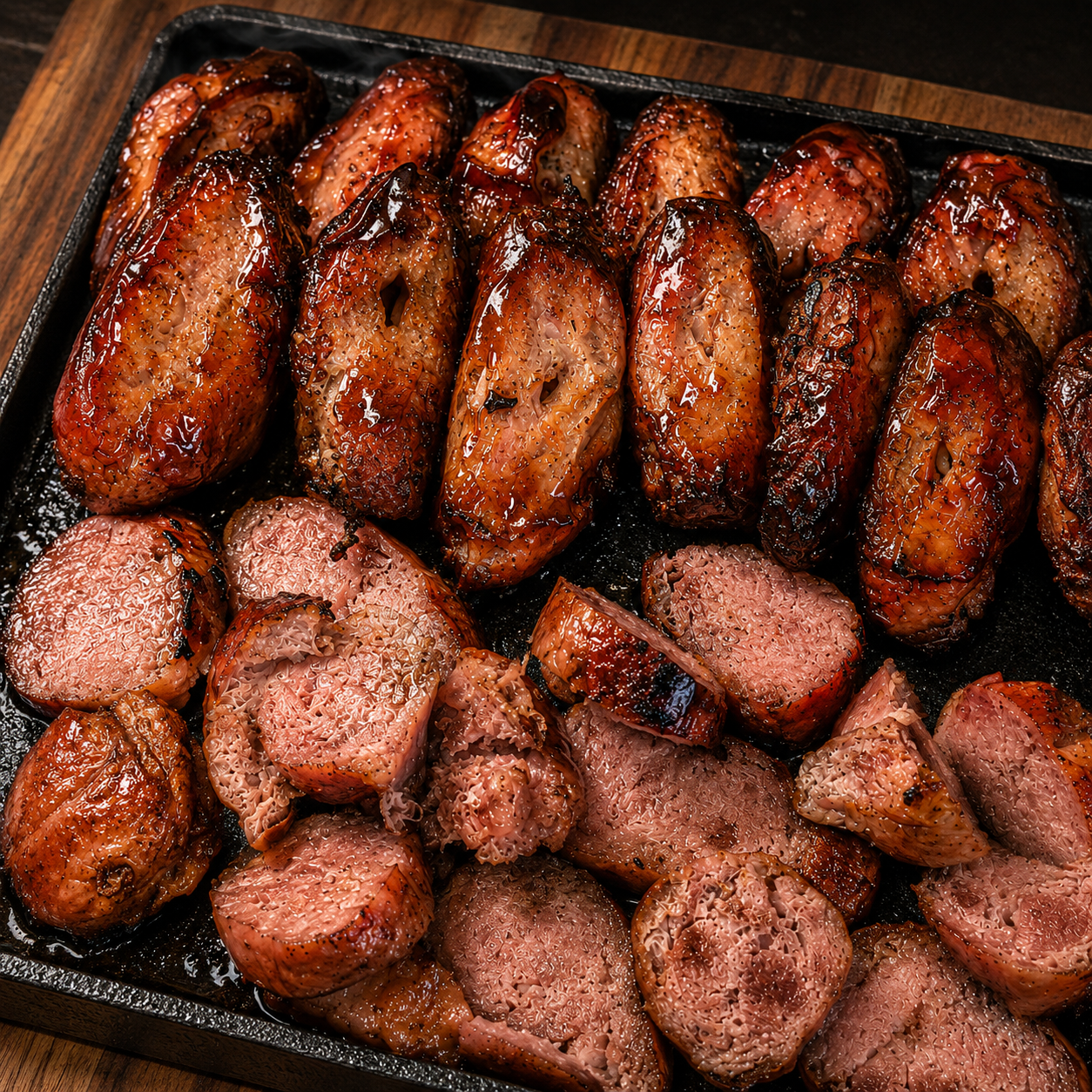Foto de linguiça e tulipas de frango assadas numa travessa